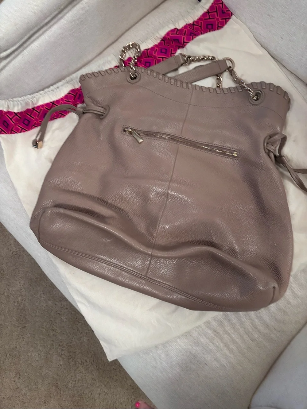 Tory Burch Taupe Leather Whipstitch Tote with Chain Straps